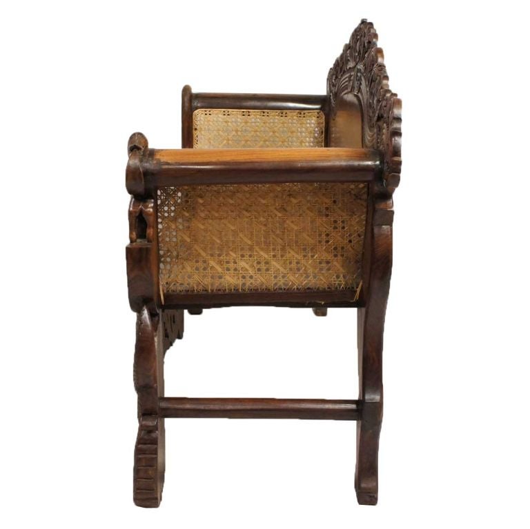 Anglo Indian Burmese Carved Rosewood and Caned Settee For Sale 3
