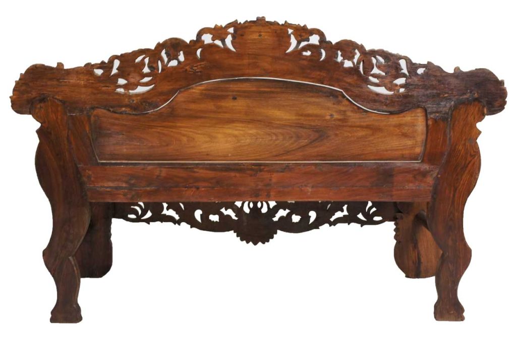 Anglo Indian Burmese Carved Rosewood and Caned Settee For Sale 4