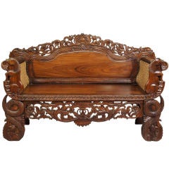 Anglo Indian Burmese Carved Rosewood and Caned Settee