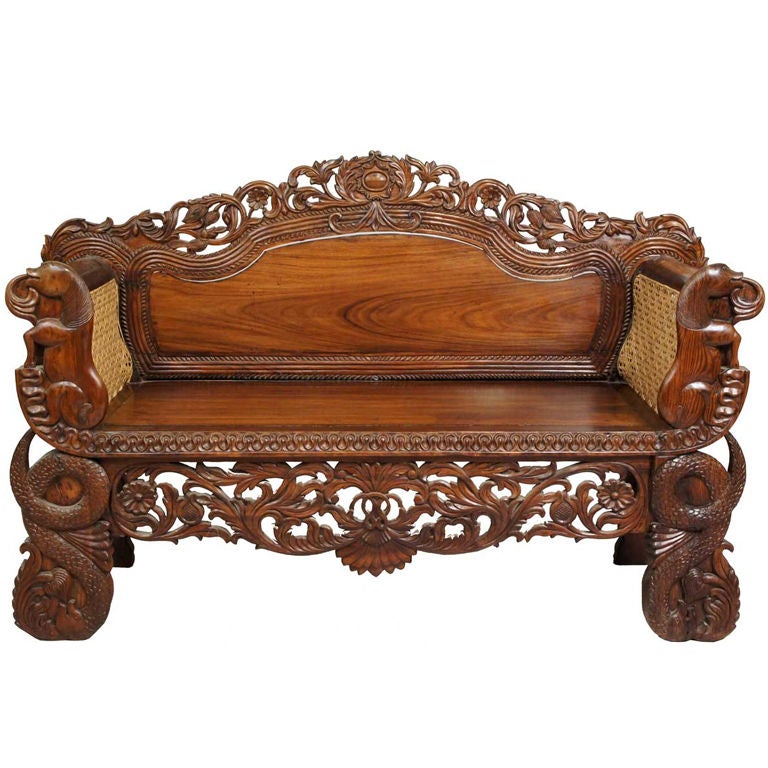 Anglo Indian Burmese Carved Rosewood and Caned Settee For Sale