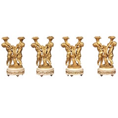 Antique Fine Set of Four Late 19th Century Gilt Bronze and Marble, Two-Light Candelabra