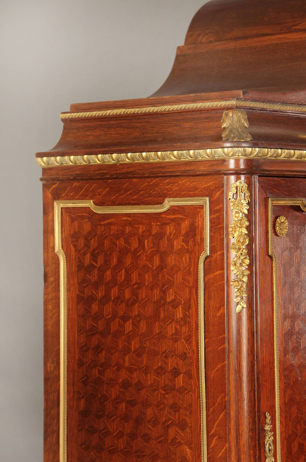 French Gilt Bronze-Mounted Louis XVI Style, Parquetry Tall Cabinet by François Linke