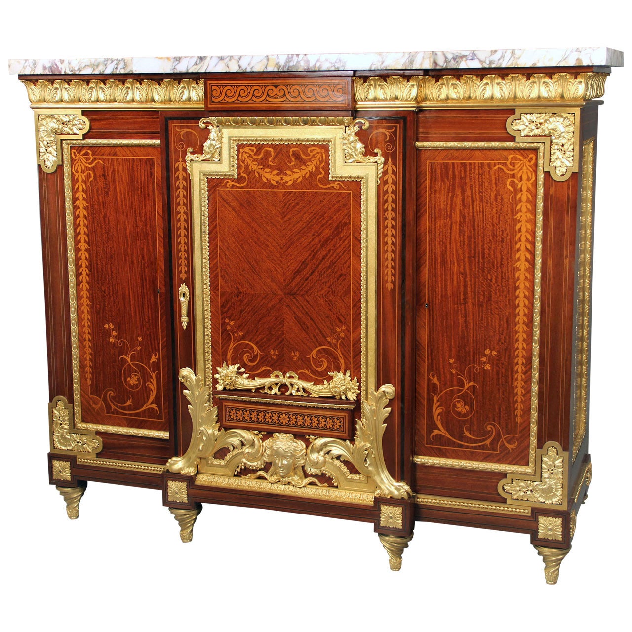 Rare and Palatial Late 19th Century Gilt Bronze-Mounted Marquetry Cabinet