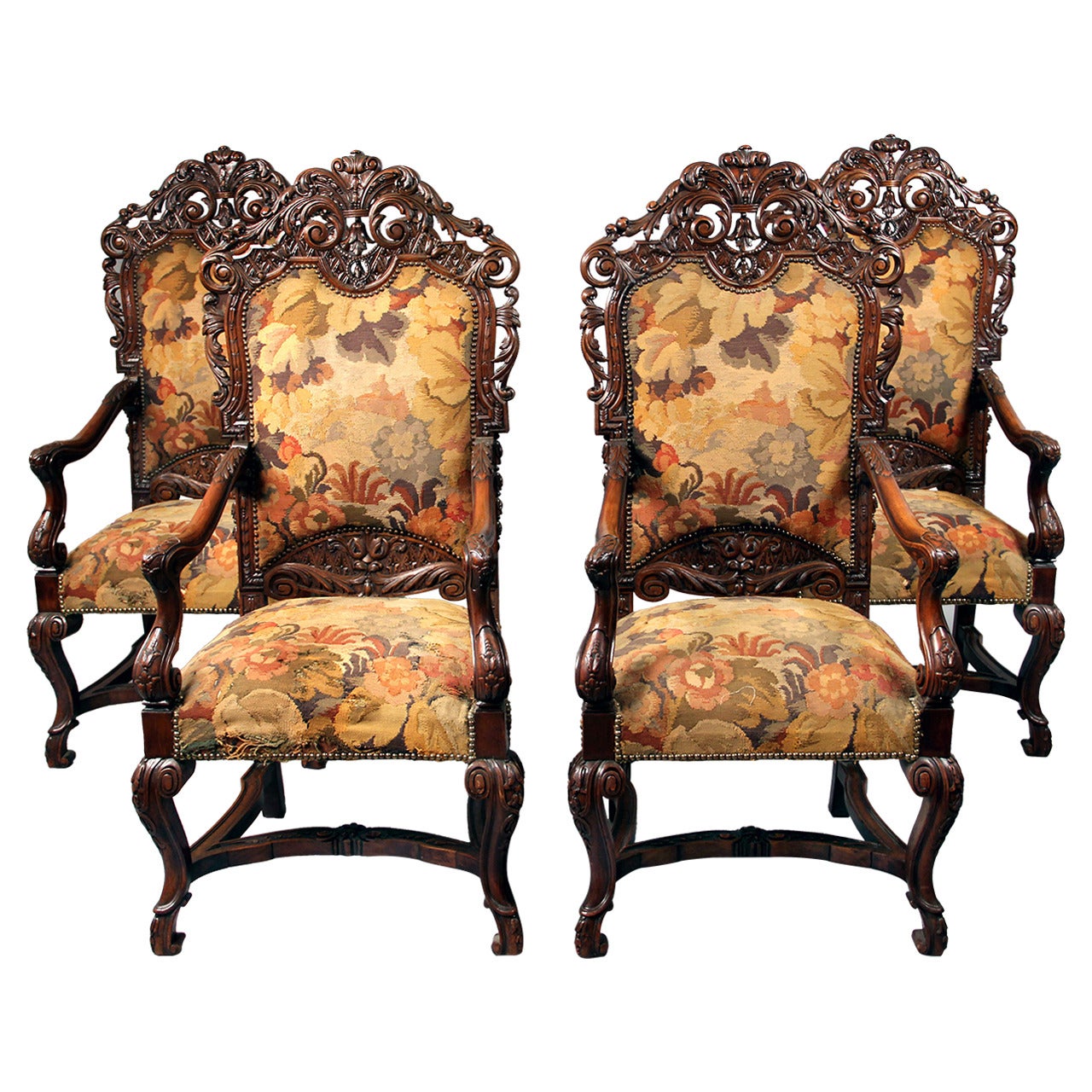 Set of Four 19th Century Large, Hand-Carved Wood High Back Armchairs