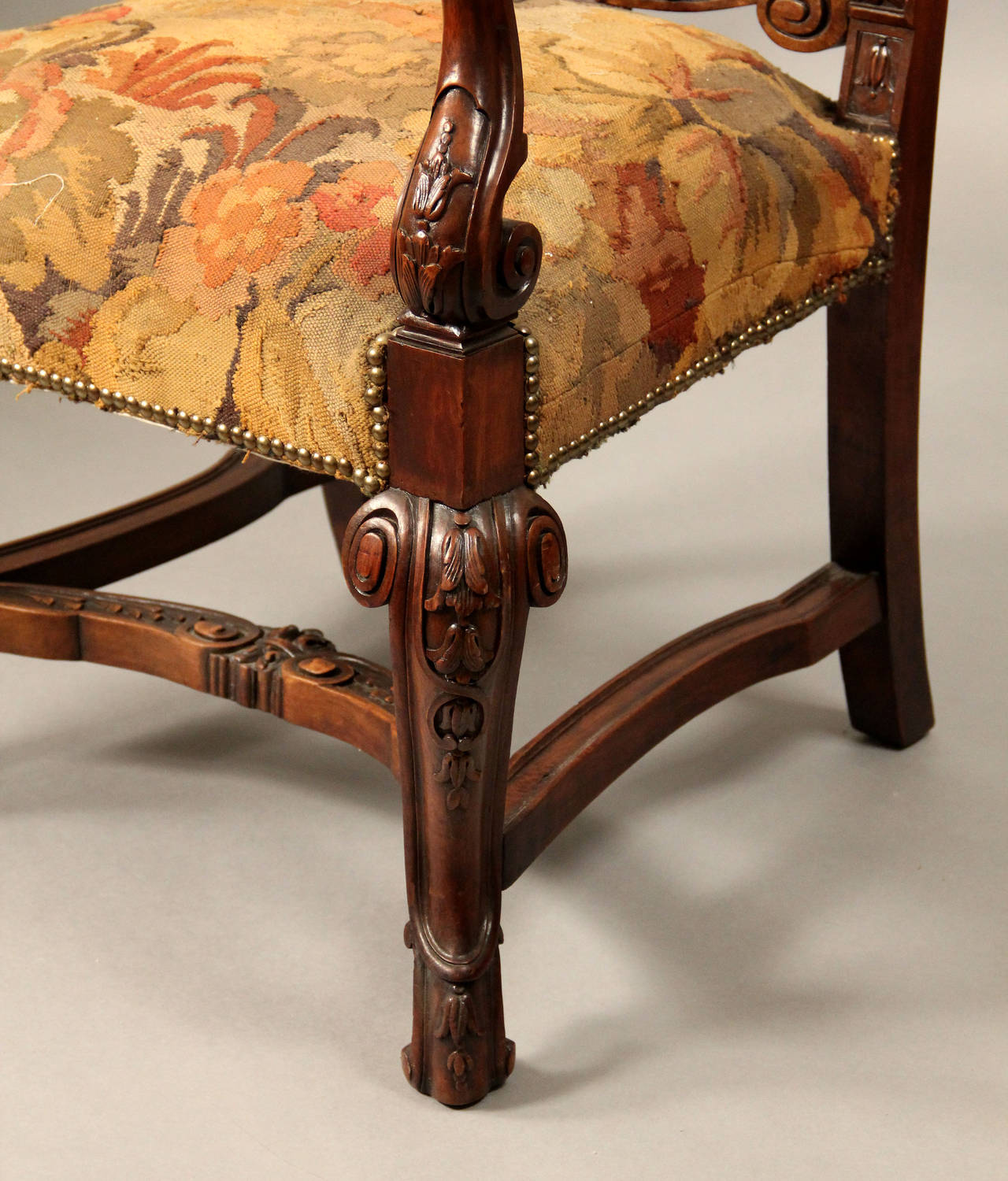 Set of Four 19th Century Large, Hand-Carved Wood High Back Armchairs In Good Condition For Sale In New York, NY