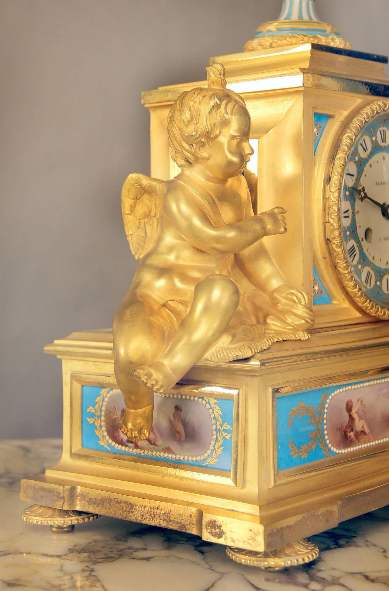 French Sèvres Porcelain 'Jeweled' Three-Piece Clock Set by Raingo Frères For Sale
