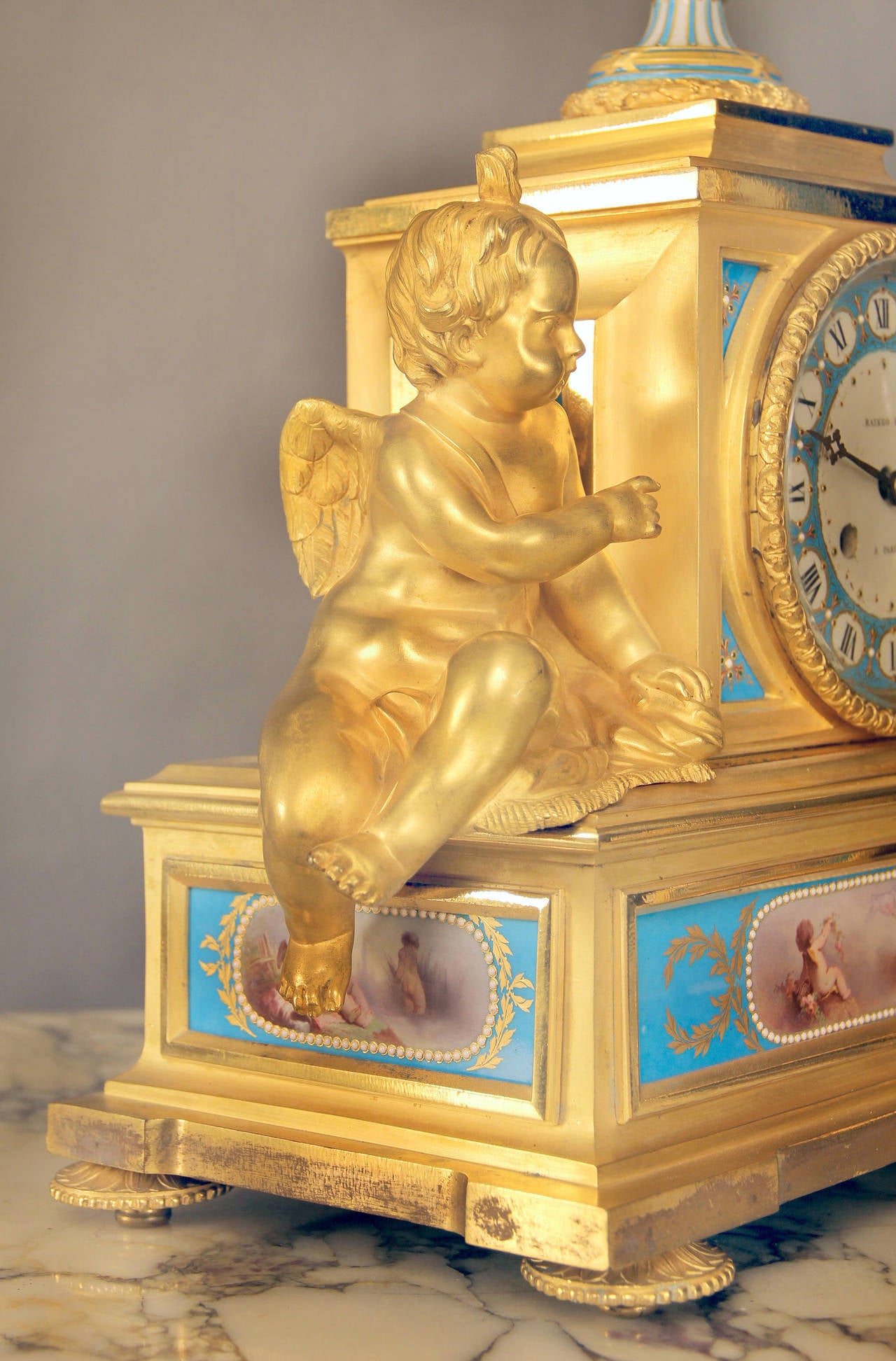 Belle Époque Sèvres Porcelain 'Jeweled' Three-Piece Clock Set by Raingo Frères For Sale