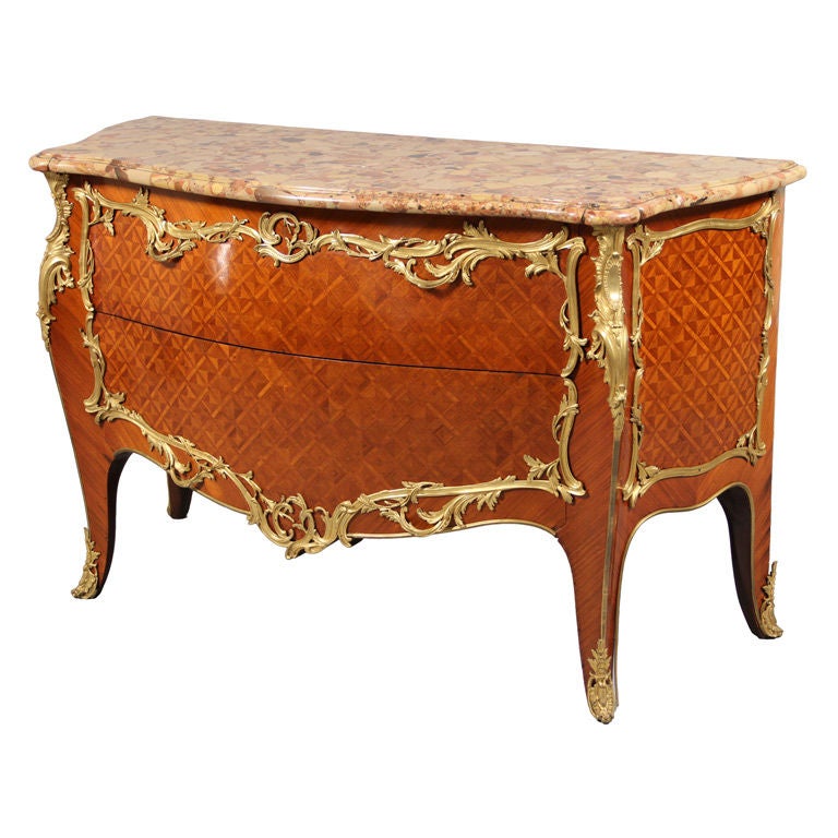 Late 19th Century Louis XV Style Gilt Bronze Mounted Parquetry Commode