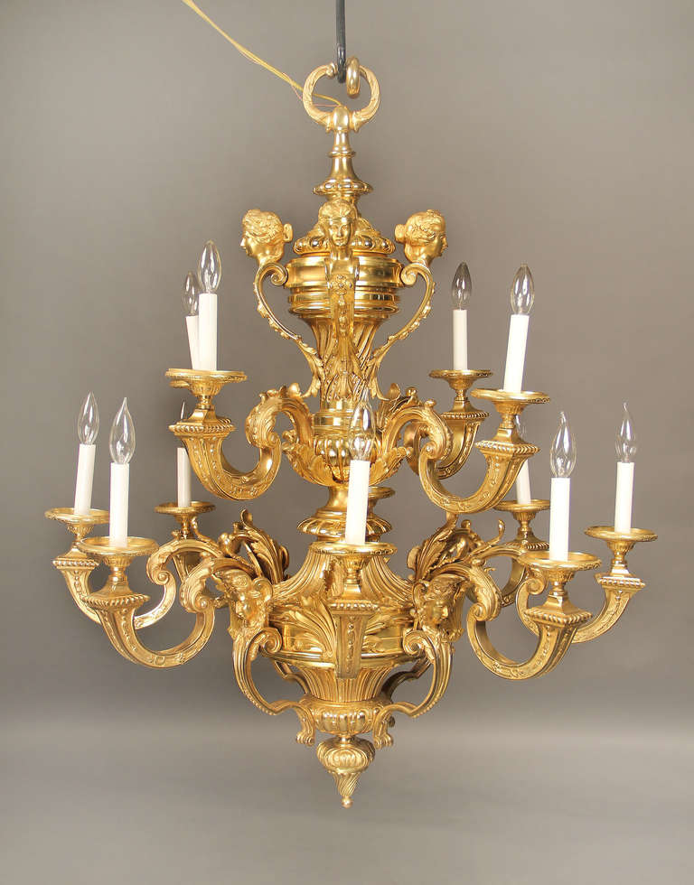 A Palatial and Magnificent Quality Late 19th Century Gilt Bronze Twelve Light Chandelier

A heavy bronze casted frame, fantastic scrolled bronze acanthus leaf and floral workmanship along the arms and center. Woman masks along the base and heads