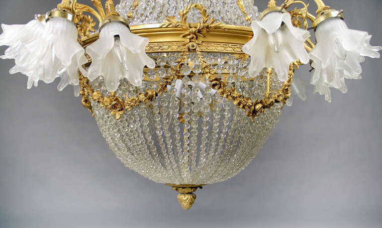 French Large and Impressive Late 19th Century Gilt Bronze and Beaded Basket Chandelier For Sale