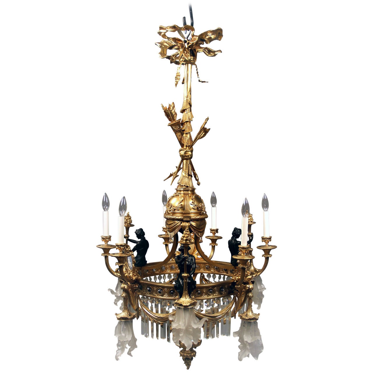 Unique Gilt & Patina Bronze, Crystal and Wedgwood Porcelain Chandelier