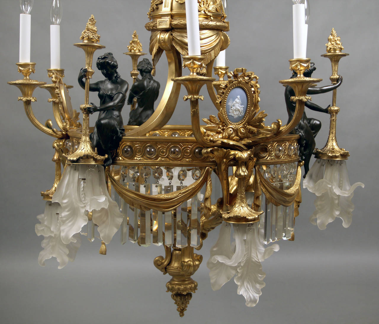 French Unique Bronze, Crystal and Wedgwood Porcelain Chandelier For Sale