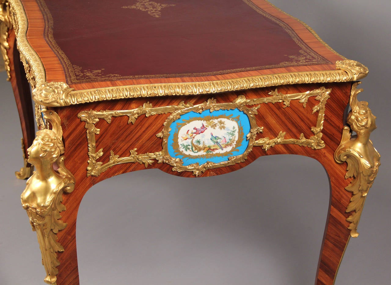 Belle Époque Late 19th Century Gilt Bronze and Sèvres Style Plaque Mounted Leather Top Desk