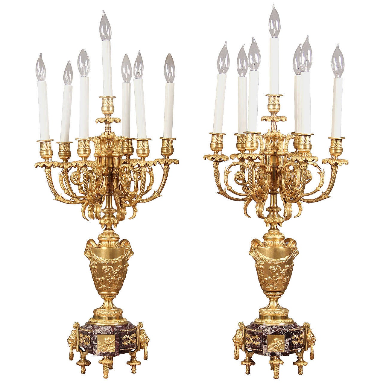 Fine Pair of Late 19th Century Gilt Bronze SevenLight, Electrified