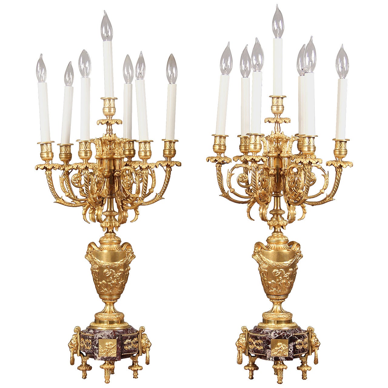 Fine Pair of Late 19th Century Gilt Bronze Seven-Light, Electrified Candelabras For Sale