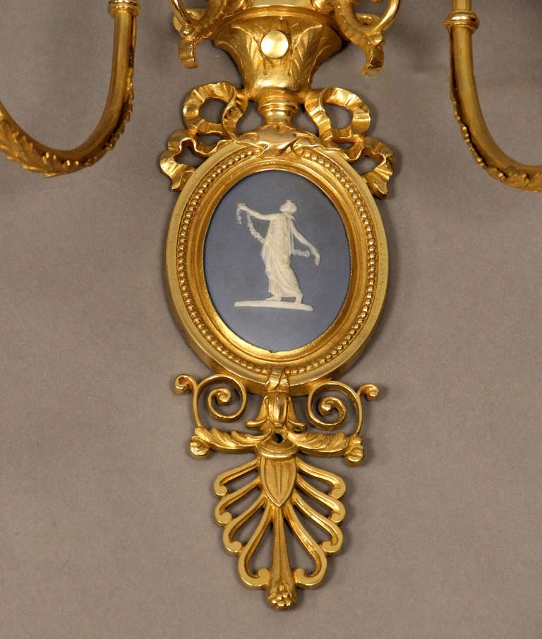 Belle Époque Pair of Gilt Bronze and Porcelain Two-Light Sconces
