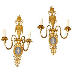 Pair of Gilt Bronze and Porcelain Two-Light Sconces