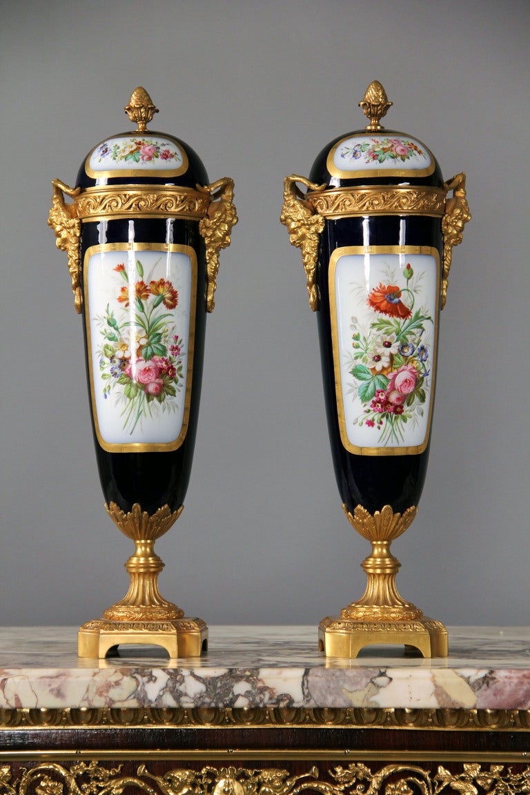 A Beautiful Pair of Late 19th Century Gilt Bronze Mounted Cobalt Blue Sevres Style Porcelain Vases. Signed H. Setowerneuk.  