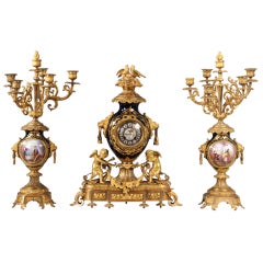 Late 19th Century Gilt Bronze Mounted Three Piece Sèvres Style Clock Set