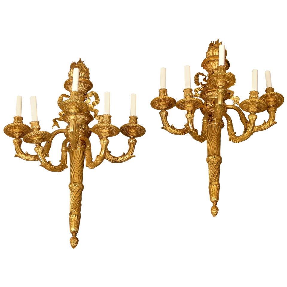 A Very Fine Pair of Early 20th Century Gilt Bronze Five Light Sconces