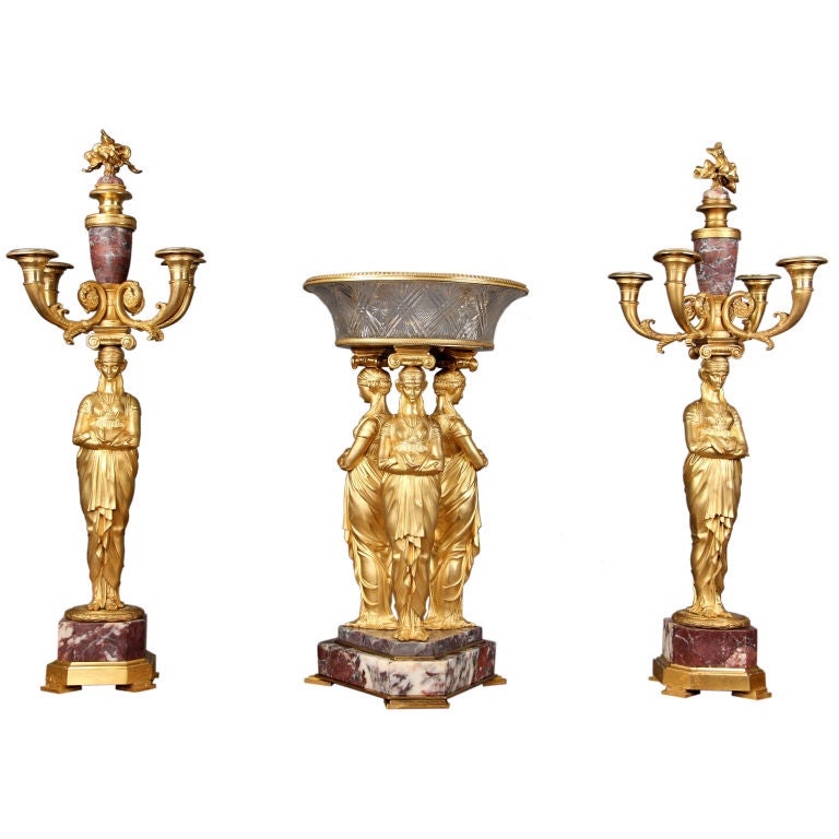 Fantastic 19th Century Empire Style Gilt Bronze and Marble 3 Piece Garniture For Sale