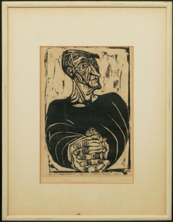 RARE WOODCUT by Leonard Baskin, number 7 of only 10 impressions SIGNED, NUMBERED, AND TITLED BY BASKIN.<br />
<br />
A strong, evocative image by Baskin, with full margins. At the bottom margin Baskin has written in pencil: 