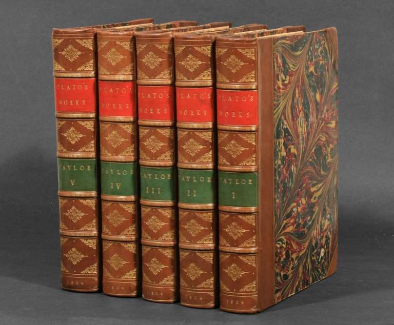 First complete edition in English of Plato's Works; the enormously influential Thomas Taylor translation. Complete five-volume sets are notoriously rare. 

“It was through Taylor's translations that the Romantic poets had access to Platonism: they