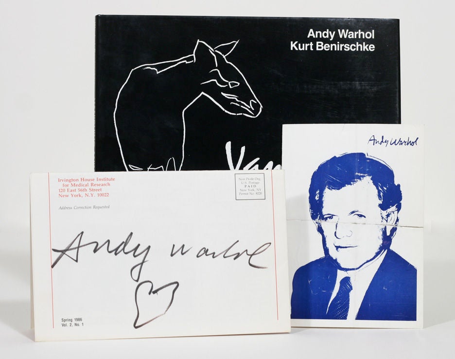 FIRST EDITION SIGNED BY WARHOL on front free endpaper, exquisitely illustrated with sixteen color plates after screenprints by Warhol. WITH: SIGNED CARD WITH HEART DRAWING, and two original photographs of Warhol taken at the 1980 opening of the