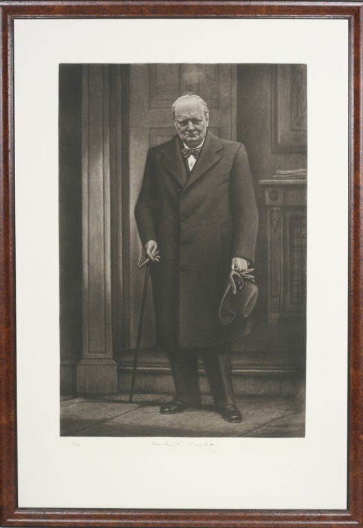 LARGE LIMITED EDITION MEZZOTINT, one of an edition of 250, printed by hand from the original engraved copper plate.<br />
<br />
The portrait, showing Churchill standing outside 10 Downing Street, is believed to have been created to celebrate