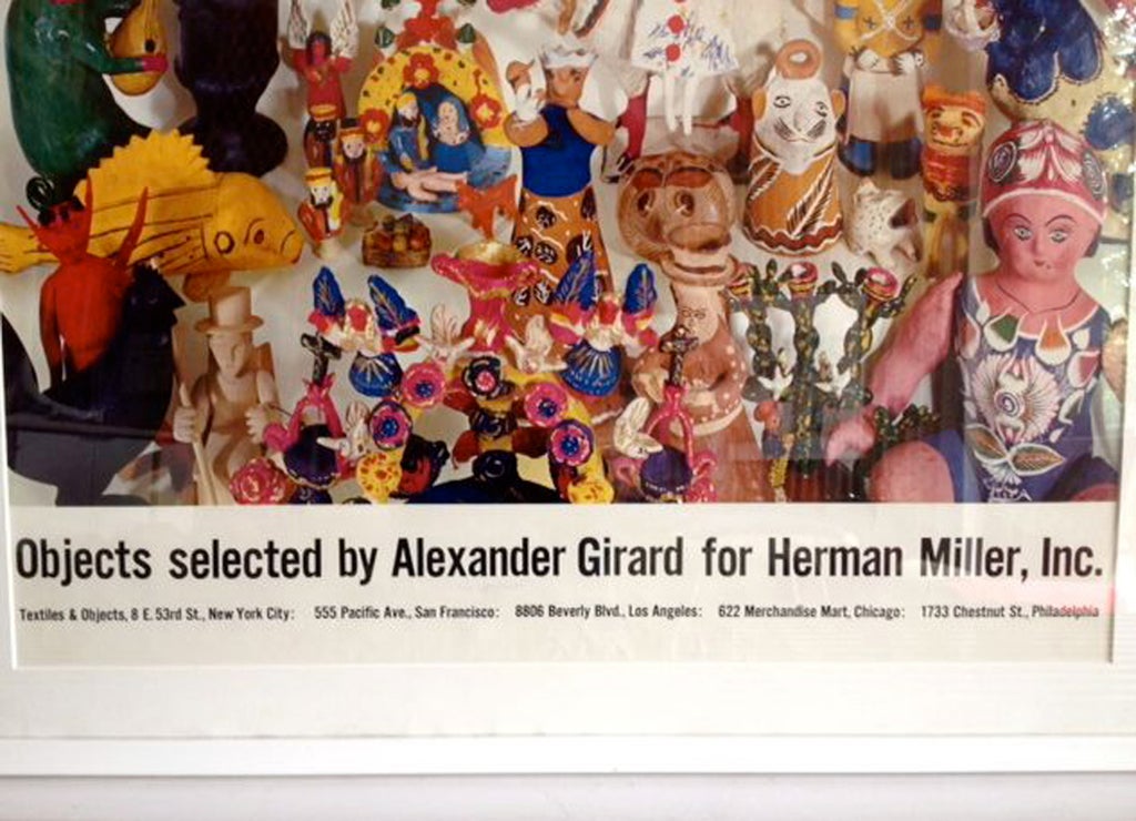 Framed double sided  poster of objects selected by Alexander Girard for Herman Miller's Textiles & Objects shop. In the collection of the San Francisco Museum of Modern Art. A key of objects is on the verso.