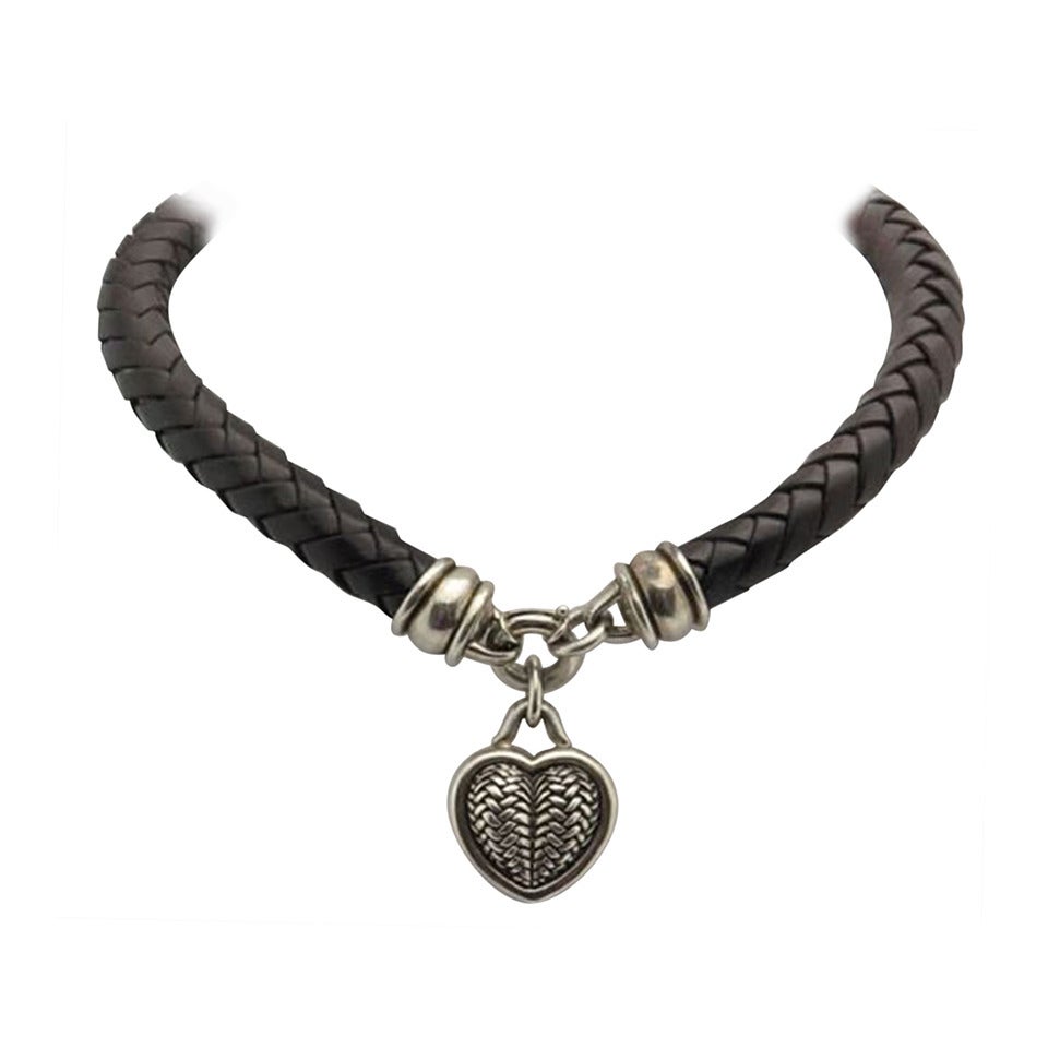 Barry Kieselstein Cord BKC Sterling Silver Heart Braided Leather Necklace  at 1stDibs