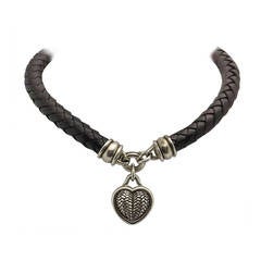 Barry Kieselstein Cord BKC Sterling Silver Heart Braided Leather Necklace