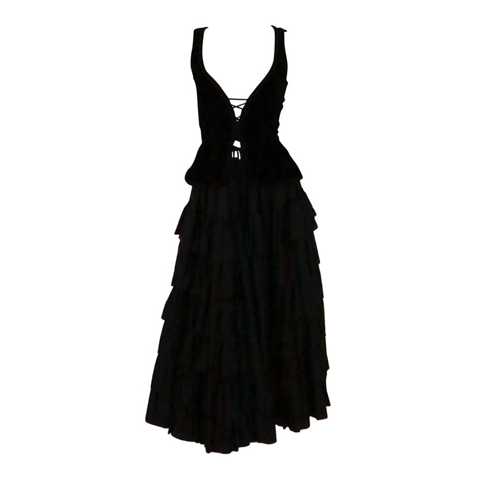 1970s Yves St Laurent 1970s peasant collection black bustier & tiered skirt set