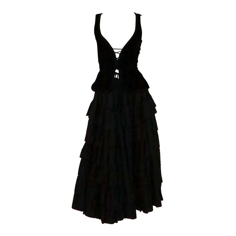 1970s Yves St Laurent 1970s peasant collection black bustier and tiered ...