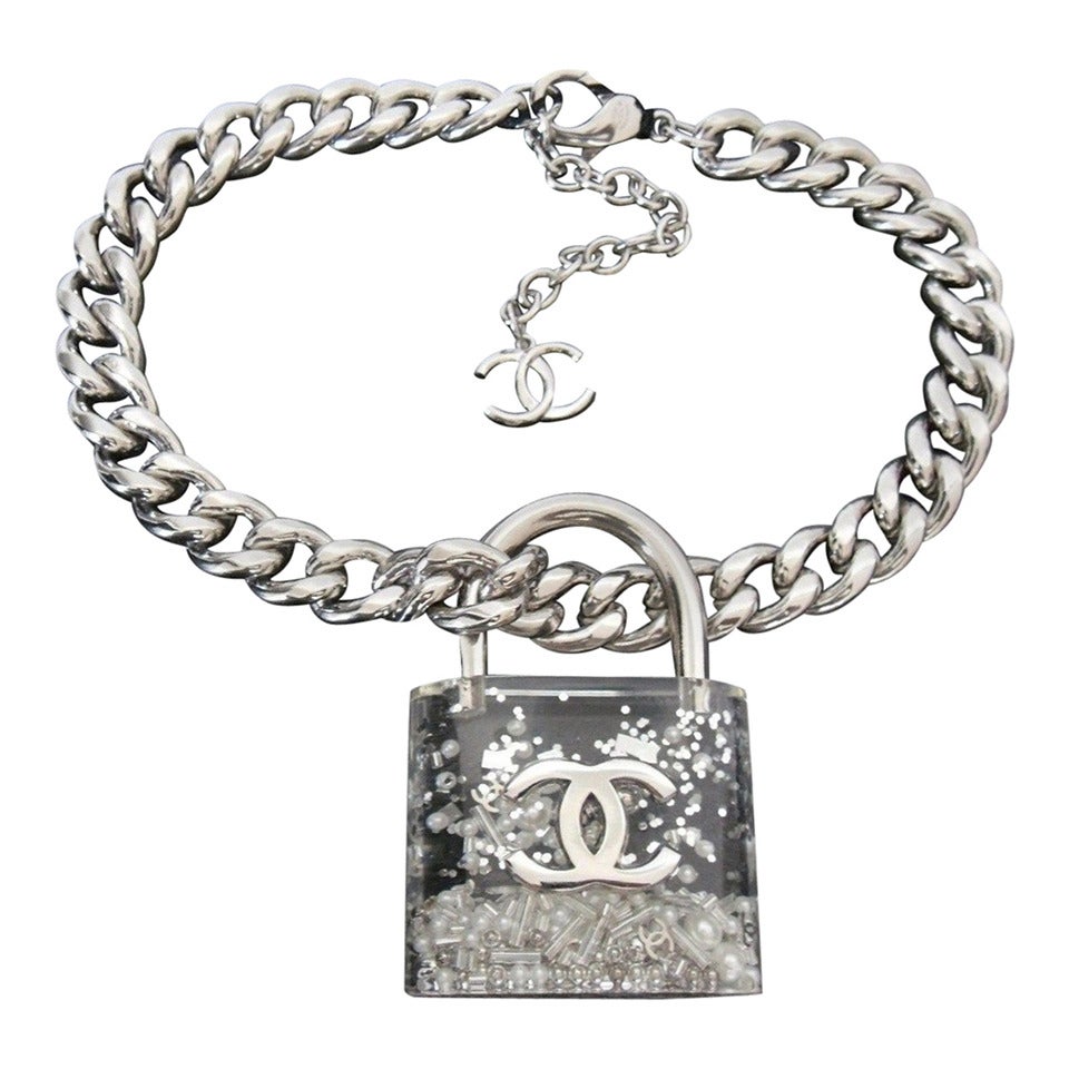 2014 CHANEL Padlock clear Runway necklace For Sale