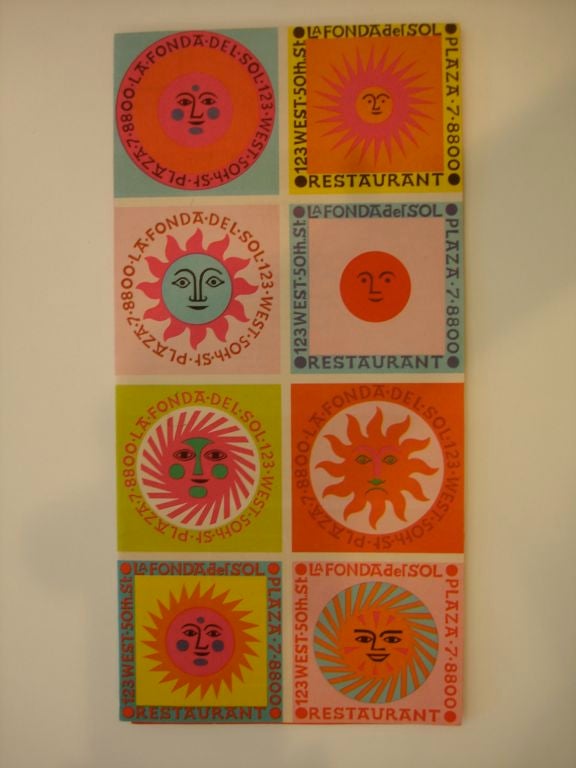Rare La Fonda del Sol menu designed by Alexander Girard. Girard's graphics for the La Fonda Del Sol restaurant are now considered a landmark in mid-century graphic  design. An other copy of this menu will be included in the upcoming Alexander Girard