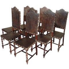 Eight Antique Portuguese Leather Chairs with Palissandre Hand Carved Frames