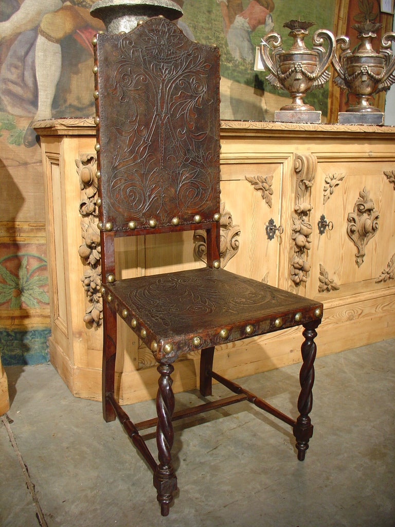 Eight Antique Portuguese Leather Chairs with Palissandre Hand Carved