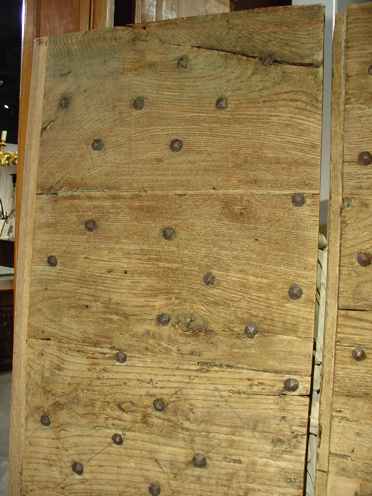 Pair of Painted Primitive Nailhead Doors from France, Early 1800s In Fair Condition In Dallas, TX