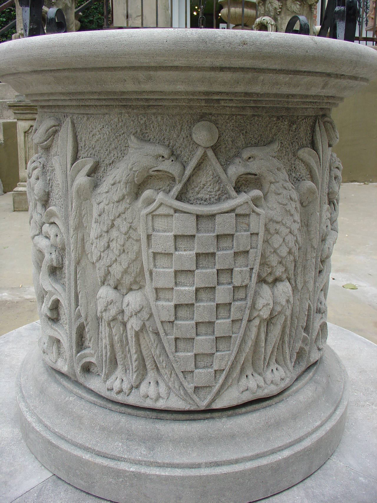 Beautifully carved Carved Limestone Well from Italy with Alternating Eagles and Lions Motifs.

Max Height=98 1/4, Well Head Height=35 1/8, Base Diameter=48, Well Head Diameter=31 3/8