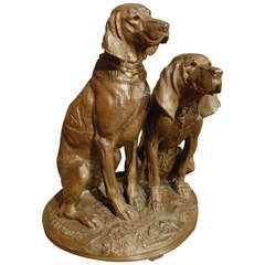 Signed 19th Century Patinated Bronze Dogs from France