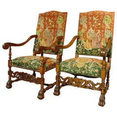 Pair of Early 1900's French Walnut Wood Armchairs with Needlepoint Upholstery