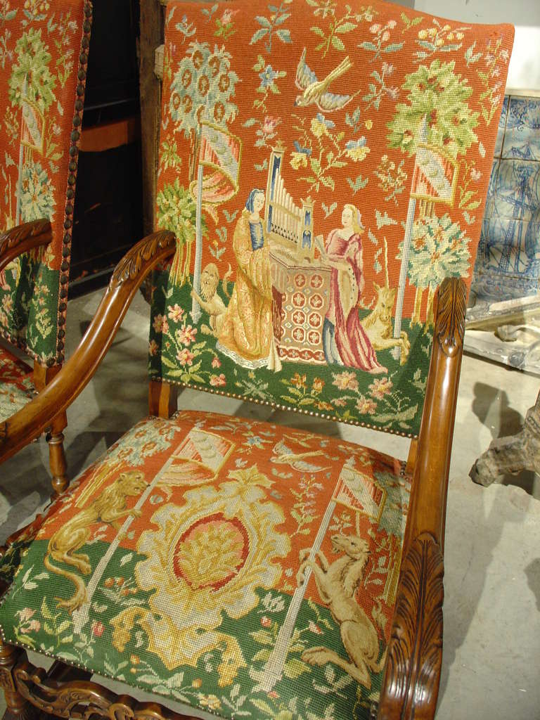 Pair of Early 1900's French Walnut Wood Armchairs with Needlepoint Upholstery