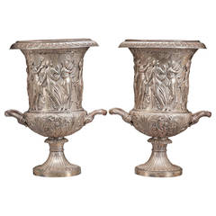 Magnificent Pair of Greco-Roman Style Silvered Urns