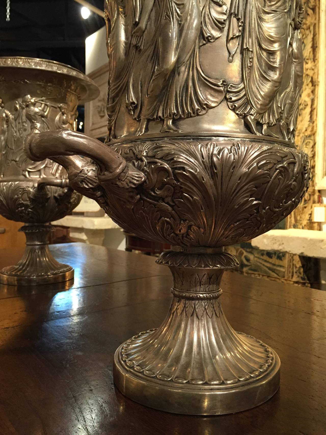 20th Century Magnificent Pair of Greco-Roman Style Silvered Urns