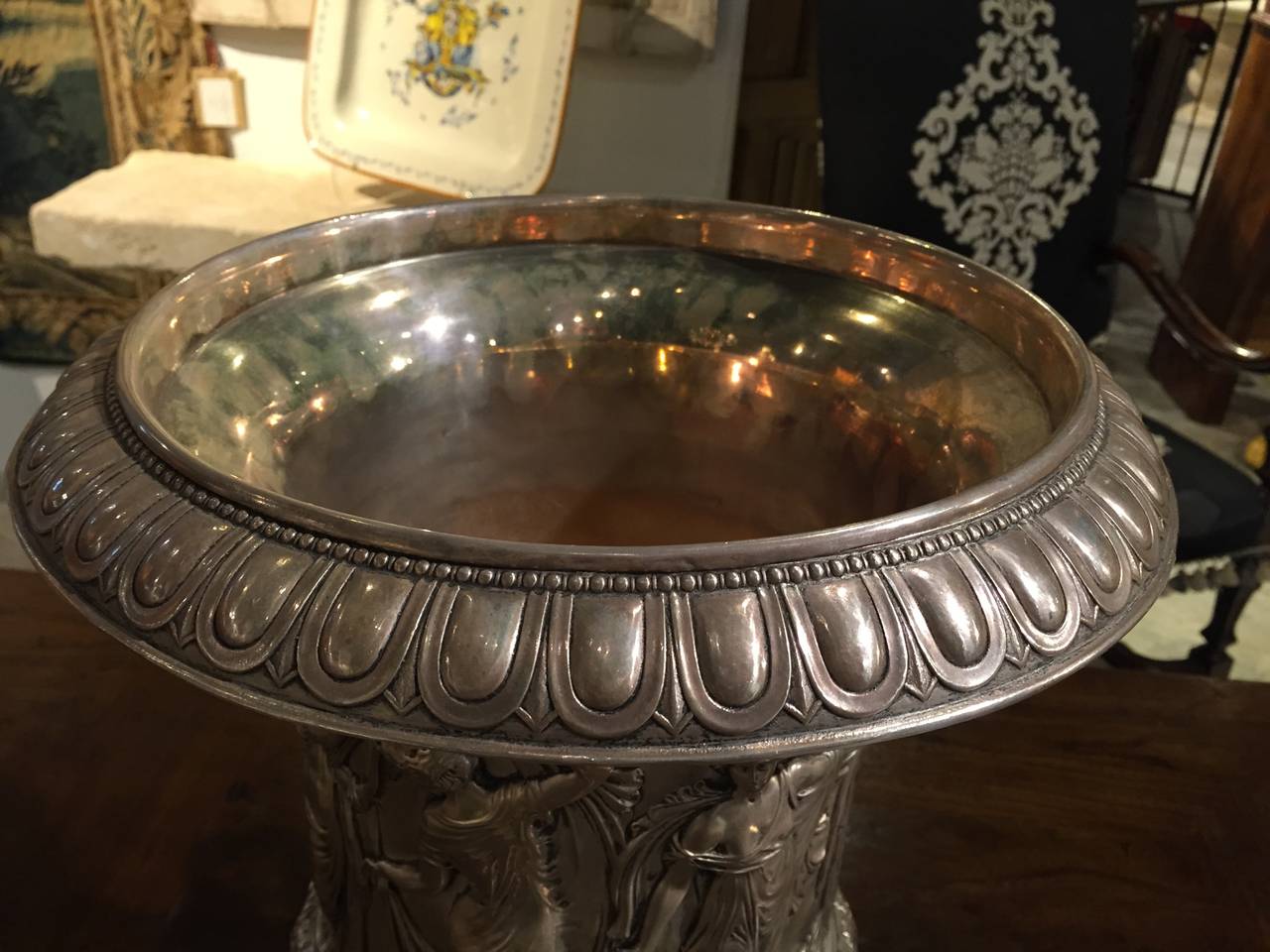 Magnificent Pair of Greco-Roman Style Silvered Urns In Good Condition In Dallas, TX