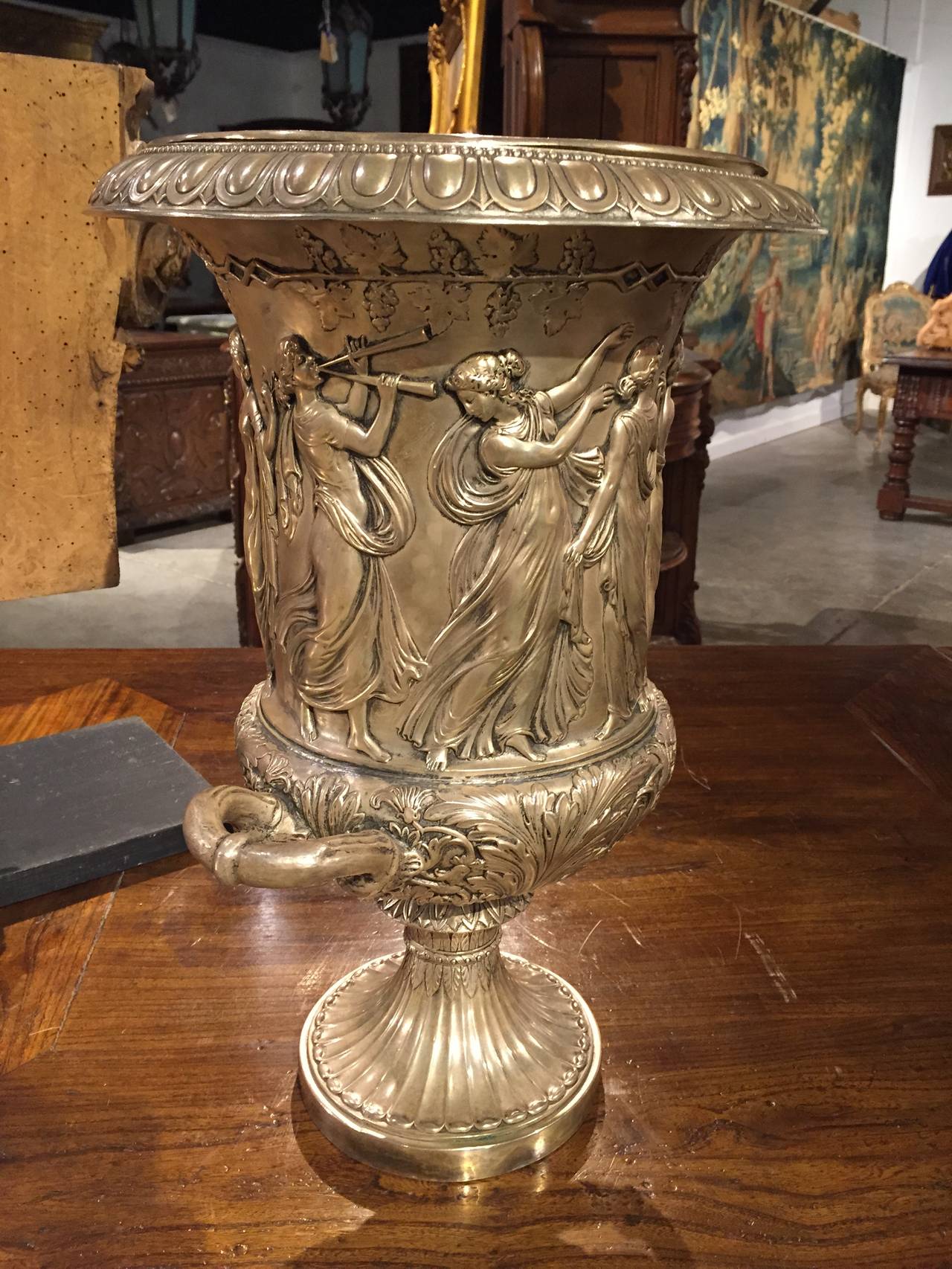 Magnificent Pair of Greco-Roman Style Silvered Urns 1