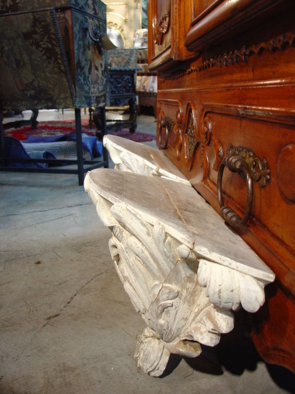 Pair of Antique French Whitewashed Wooden Brackets For Sale at 1stdibs