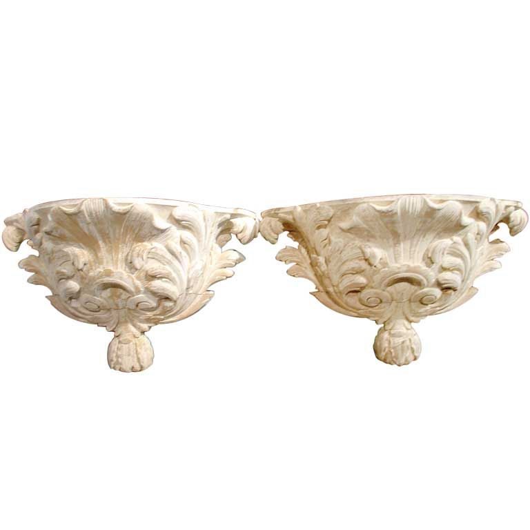 Pair of Antique French Whitewashed Wooden Brackets For Sale at 1stdibs