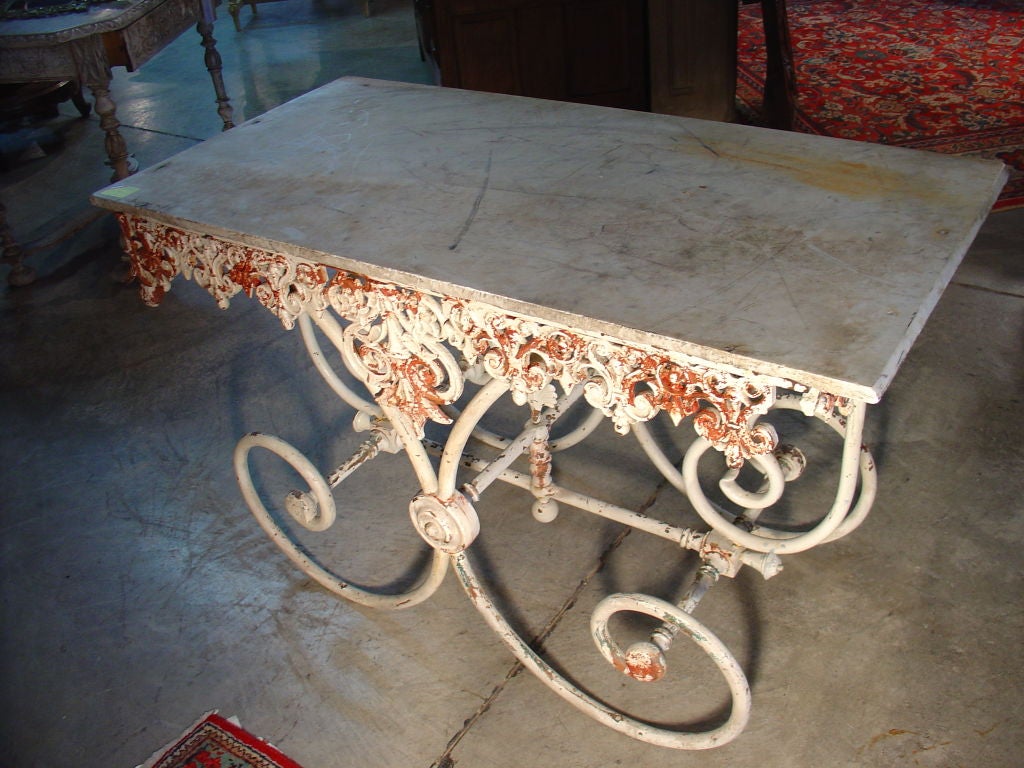 Antique Pastry Table with Ornamented Cast Iron Base and Marble 4